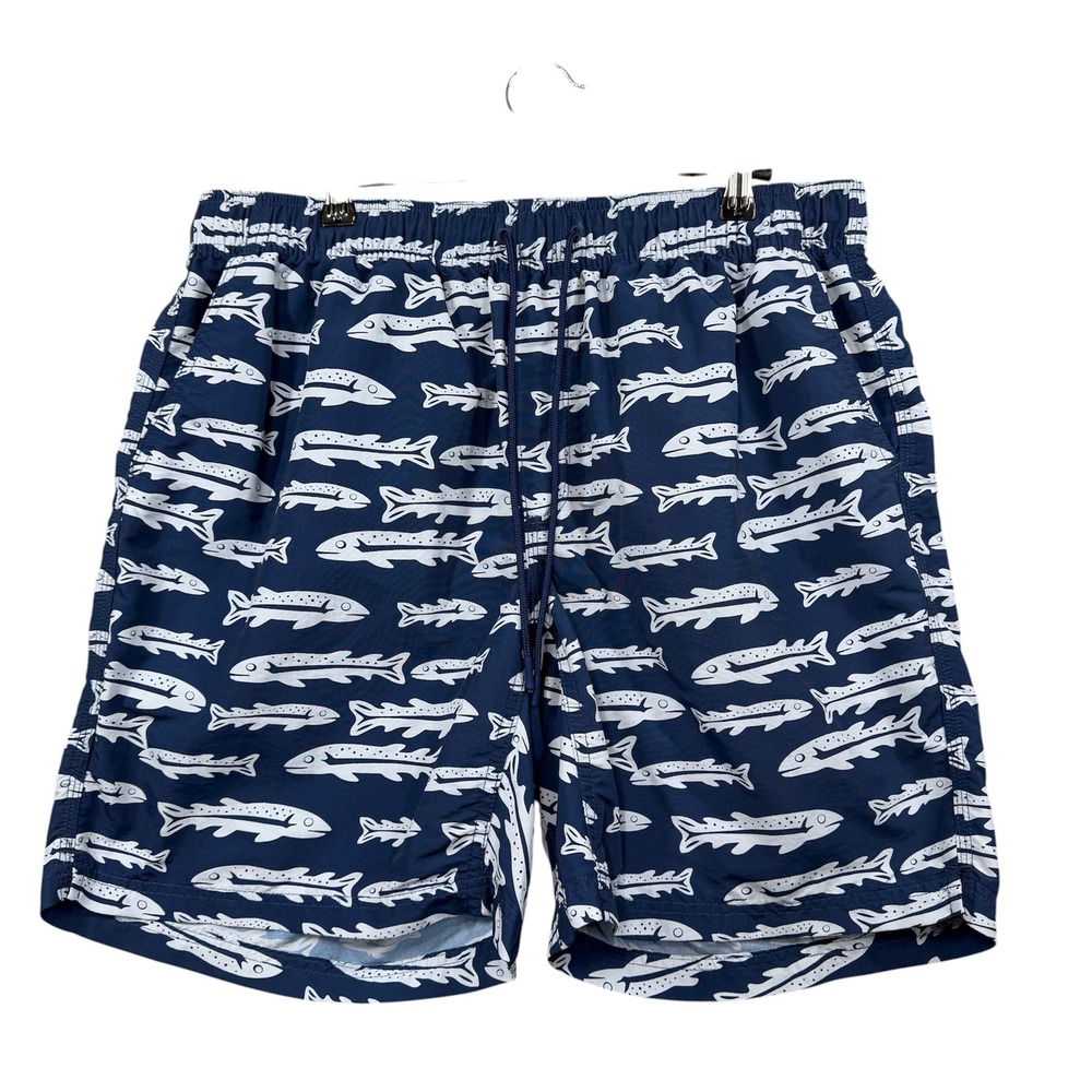 Duluth Trading Co Swim Trunks Mens Large Blue White Fish Print Board Shorts L